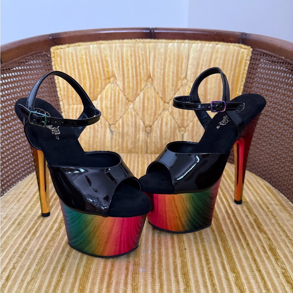 7 inch Black and Holographic Rainbow Platform Pleaser Heels, unsized- fit like 7